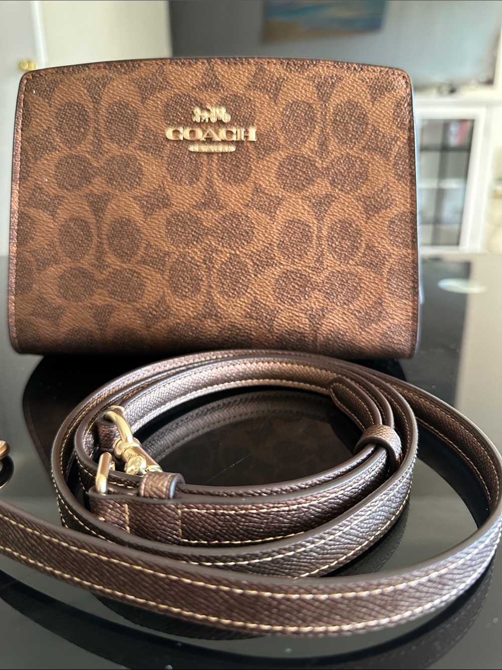 Coach Brown Signature Crossbody Bag with Gold Hardware